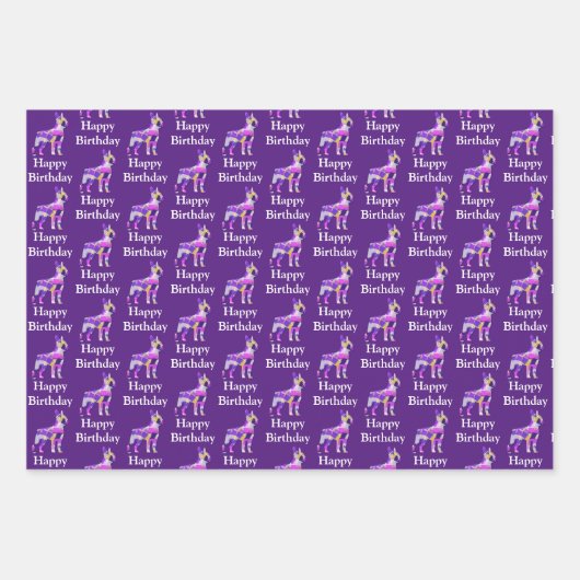 Boston Terrier Dog Silhouette Lila Happy Bday Geschenkpapier Set (Vorderseite)