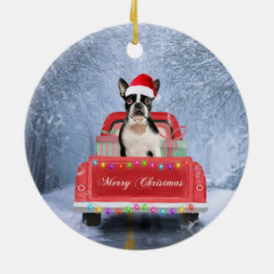 Boston Terrier Dog Snow sitzt im Truck Keramik Ornament