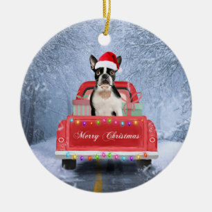 Boston Terrier Dog Snow sitzt im Truck Keramik Ornament