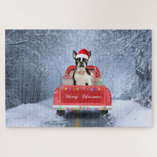 Boston Terrier Dog Snow sitzt im Truck Puzzle