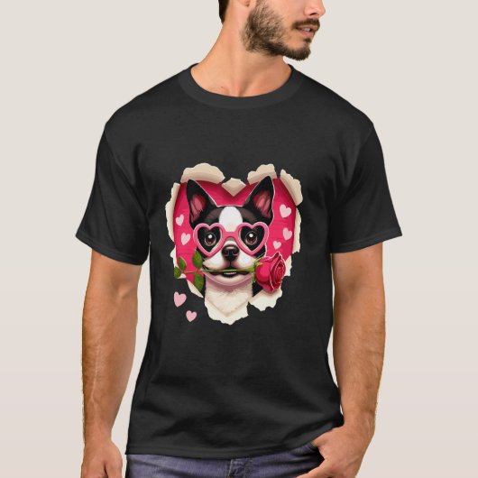 Boston Terrier Dog Sonnenbrille Liebe Rose Herzlic T-Shirt (Vorderseite)
