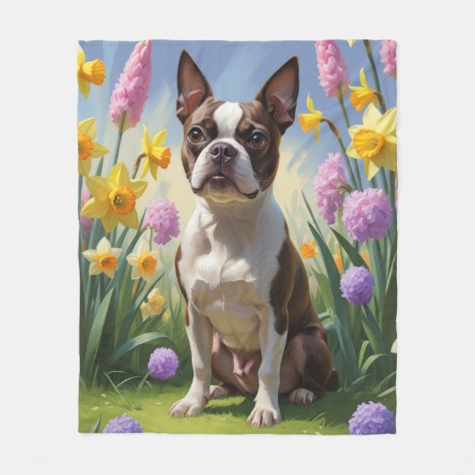 Boston Terrier Dog Spring Blumen Malerei Fleecedecke (Vorderseite)