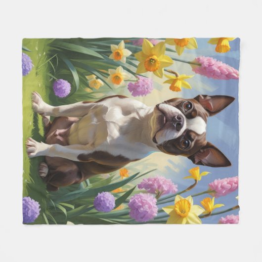 Boston Terrier Dog Spring Blumen Malerei Fleecedecke (Vorderseite (Horizontal))