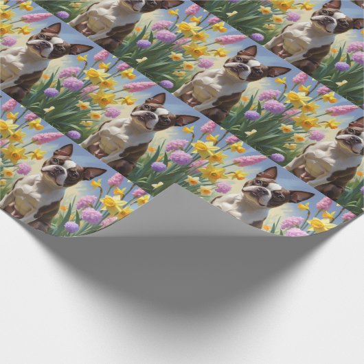 Boston Terrier Dog Spring Blumen Malerei Geschenkpapier (Ecke)