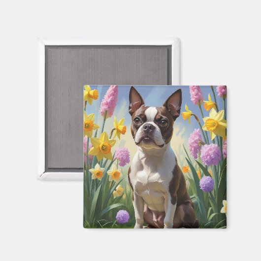 Boston Terrier Dog Spring Blumen Malerei Magnet (Vorderseite/Rückseite)