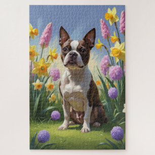 Boston Terrier Dog Spring Blumen Malerei Puzzle