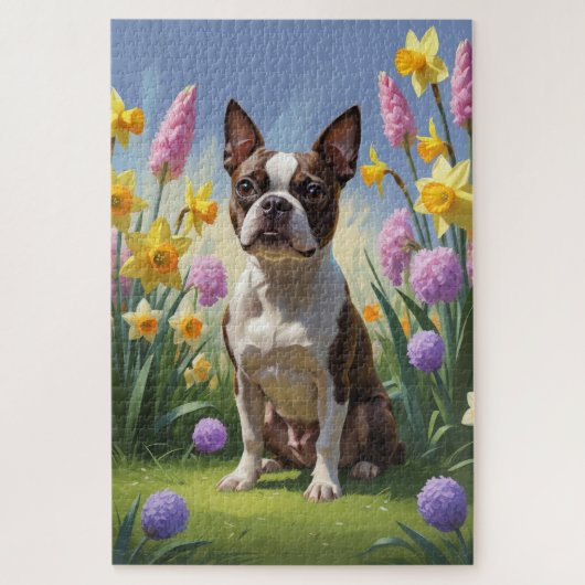 Boston Terrier Dog Spring Blumen Malerei Puzzle (Vertikal)