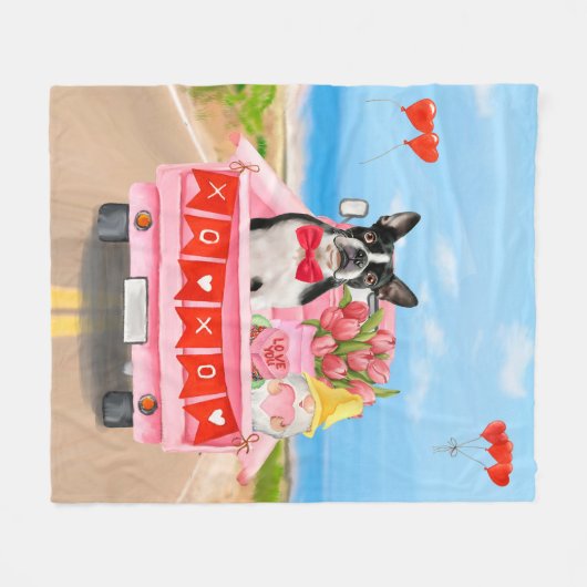 Boston Terrier Dog Valentine's Day Truck Hearts Fleecedecke (Vorderseite (Horizontal))
