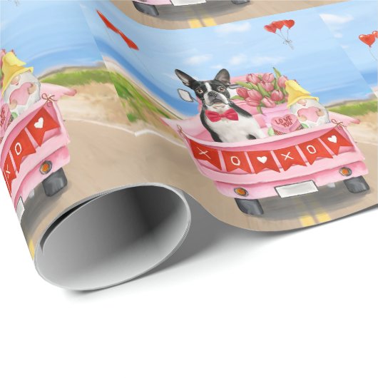 Boston Terrier Dog Valentine's Day Truck Hearts Geschenkpapier (Rolleneckpunkt)