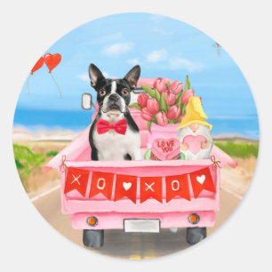 Boston Terrier Dog Valentine's Day Truck Hearts Runder Aufkleber