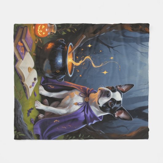 Boston Terrier Dog Whimsical Halloween Malerei Fleecedecke (Vorderseite (Horizontal))