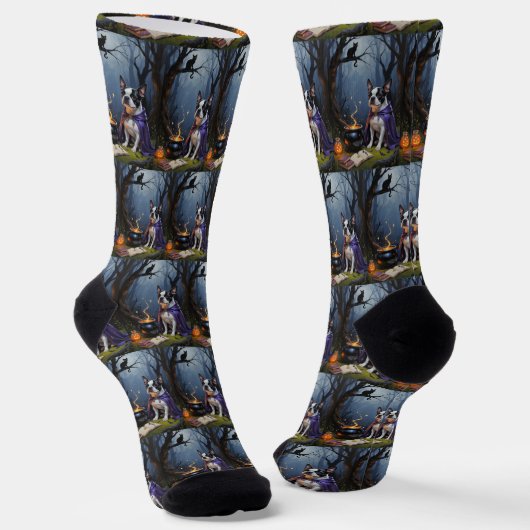 Boston Terrier Dog Whimsical Halloween Malerei Socken (Gewinkelt)