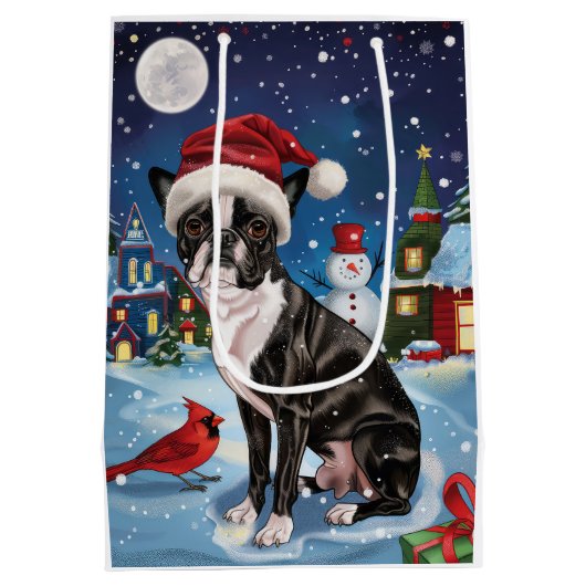 Boston Terrier Dog Winter Wonderland Weihnachtsfre Mittlere Geschenktüte (Rückseite)
