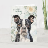Boston Terrier Dog with White Roses Birthday Karte (Vorderseite)