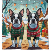 Boston Terrier Dogs Christmas Snow Holiday Duschvorhang (Vorderseite)