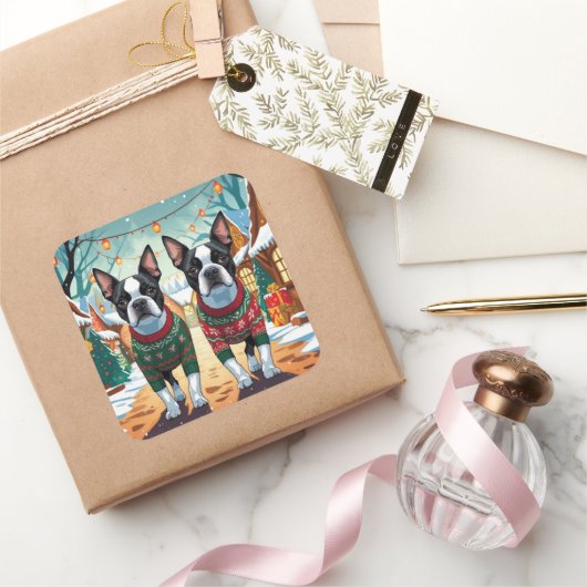 Boston Terrier Dogs Christmas Snow Holiday Quadratischer Aufkleber (Schenken)