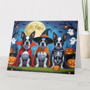 Boston Terrier Dogs Pumpkin Halloween Funny Karte