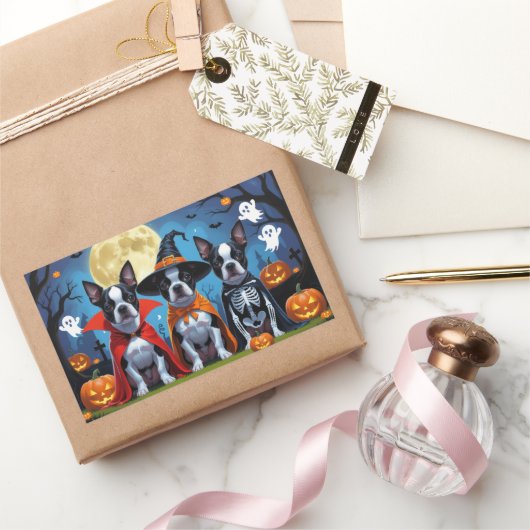 Boston Terrier Dogs Pumpkin Halloween Funny Rechteckiger Aufkleber (Schenken)