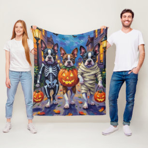 Boston Terrier Dogs Trick-or-Treating zu Halloween Fleecedecke