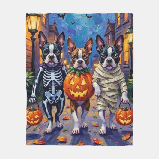 Boston Terrier Dogs Trick-or-Treating zu Halloween Fleecedecke (Vorderseite)
