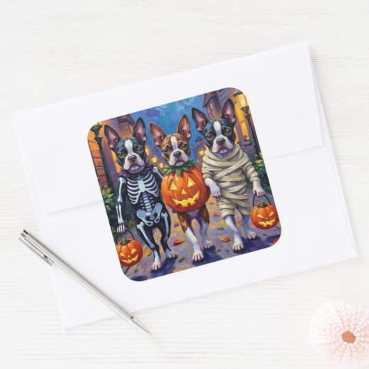 Boston Terrier Dogs Trick-or-Treating zu Halloween Quadratischer Aufkleber (Umschlag)