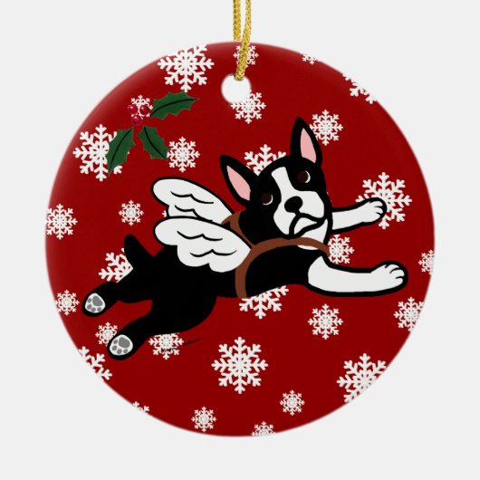 Boston-Terrier-Engels-Cartoon-Schneeflocken Keramik Ornament (Vorne)
