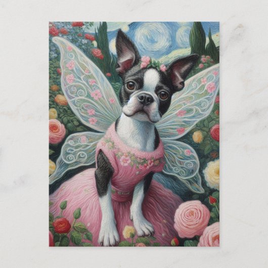 Boston Terrier Faia im Blumengarten Postkarte (Vorderseite)