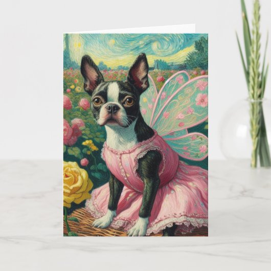 Boston Terrier Fairy im Rose Garden Van Gogh Karte (Vorderseite)