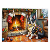 Boston Terrier Fireplace with Christmas Lights Große Geschenktüte (Rückseite)
