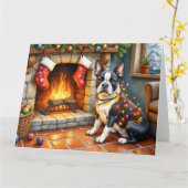 Boston Terrier Fireplace with Christmas Lights Karte (Gelbe Blume)