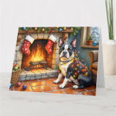 Boston Terrier Fireplace with Christmas Lights Karte (Vorderseite)