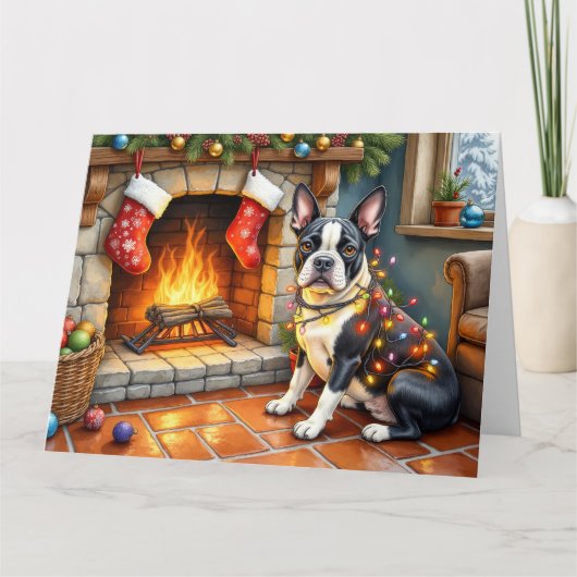Boston Terrier Fireplace with Christmas Lights Karte (Vorderseite)