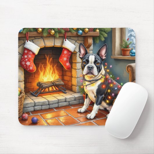 Boston Terrier Fireplace with Christmas Lights Mousepad (Mit Mouse)