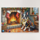 Boston Terrier Fireplace with Christmas Lights Puzzle (Horizontal)