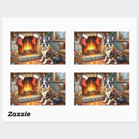 Boston Terrier Fireplace with Christmas Lights Rechteckiger Aufkleber (Blatt)