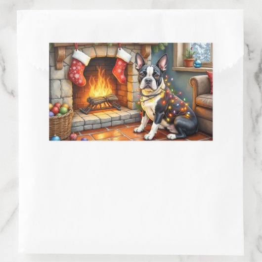 Boston Terrier Fireplace with Christmas Lights Rechteckiger Aufkleber (Tasche)
