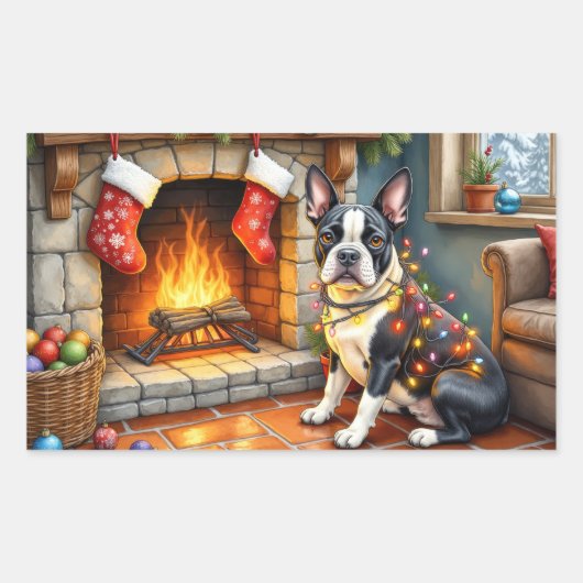 Boston Terrier Fireplace with Christmas Lights Rechteckiger Aufkleber (Vorderseite)