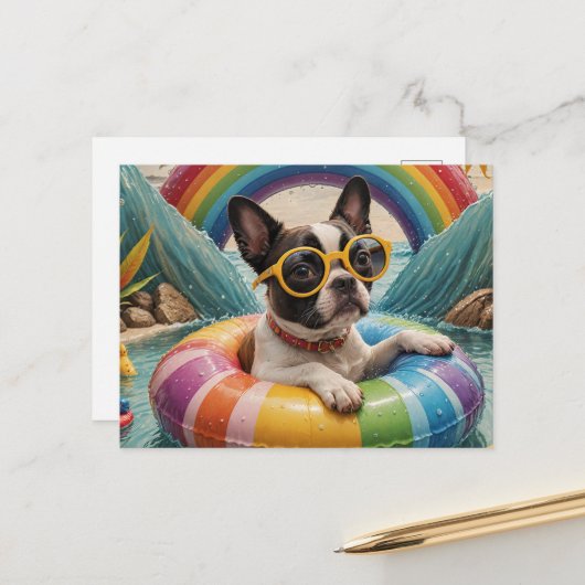 Boston Terrier Floating an einem Sommertag Postkarte (Vorderseite/Rückseite Beispiel)