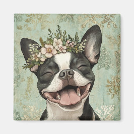 Boston Terrier Green Floral Kitchen Magnet