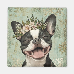 Boston Terrier Green Floral Kitchen Magnet