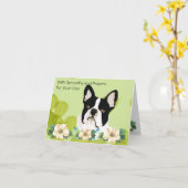 Boston Terrier, grünes Blatt mit Blumen Karte (Gelbe Blume)
