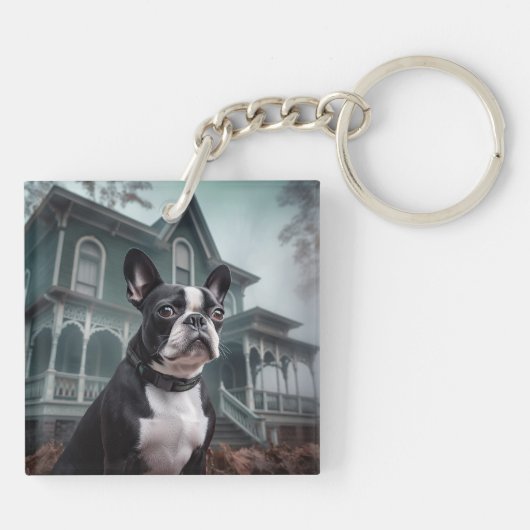 Boston Terrier Halloween Beängstigend Schlüsselanhänger (Rückseite)