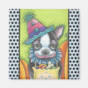 BOSTON TERRIER HALLOWEEN CLOWEN, DOG MAGNET Square