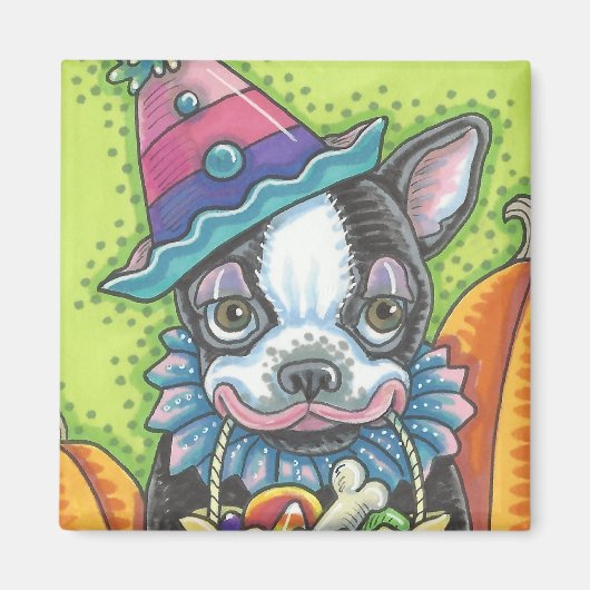 BOSTON TERRIER HALLOWEEN CLOWEN, DOG MAGNET Square (Vorne)