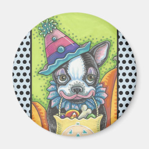 BOSTON TERRIER HALLOWEEN CLOWN, HUND MAGNET Rund