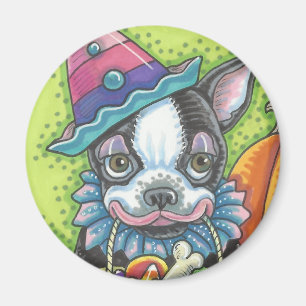 BOSTON TERRIER HALLOWEEN CLOWN, HUNDEMAGNET Rund Magnet