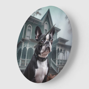 Boston Terrier Halloween Gruselig Große Wanduhr