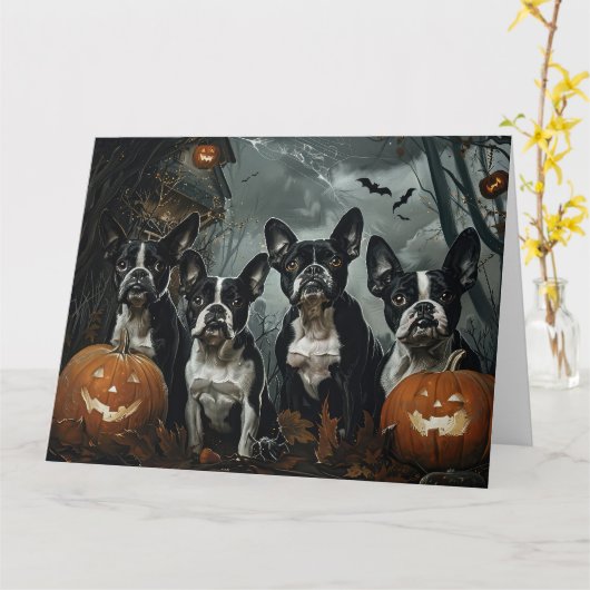 Boston Terrier Halloween Night Doggy Delight Karte (Gelbe Blume)