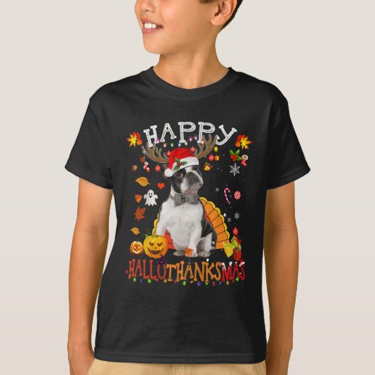 Boston Terrier Halloween Weihnachtshund Happy Hall T-Shirt (Vorderseite)