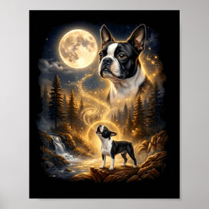 Boston terrier heult den Mond an Retro Poster